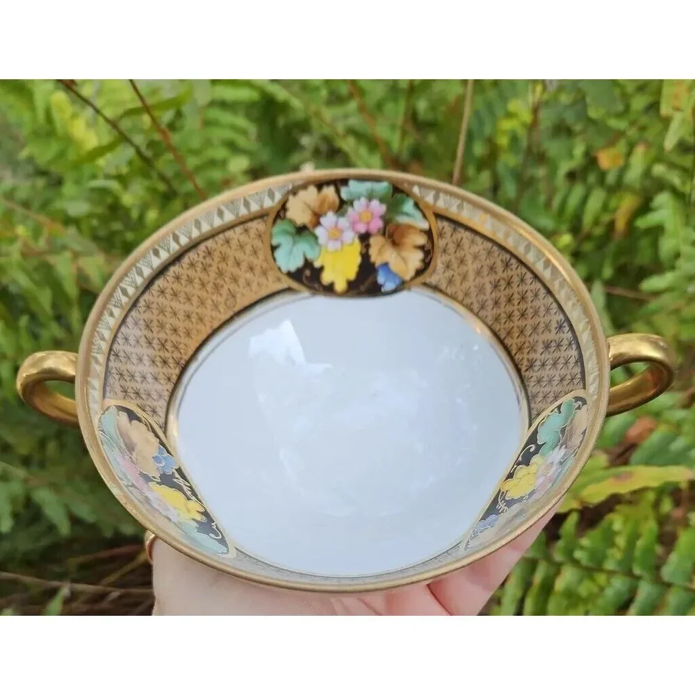 Hand Painted Nippon BLACK‎ GOLD Floral Footed ART DECO Berry Bowl Morimura